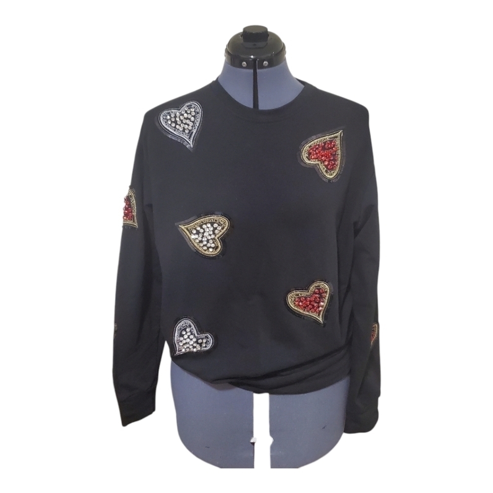 Gey Fashion Women's Black Swestshirt with Rhinestone Heart Embellishments Size L